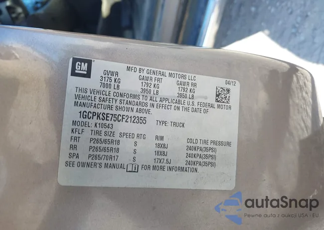 1GCPKSE75CF212355: 43456655