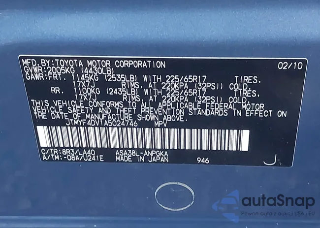 JTMYF4DV1A5024746: 43456686