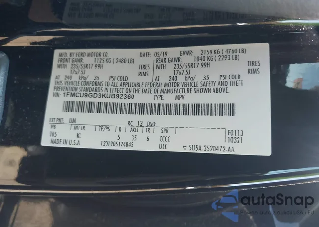 1FMCU9GD3KUB92360: 43456131