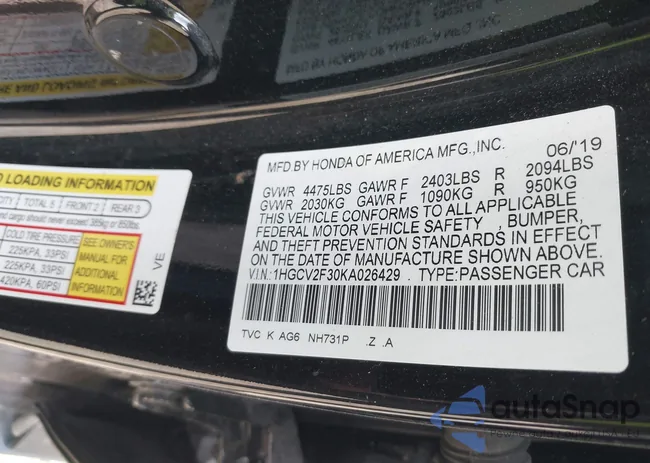 1HGCV2F30KA026429: 43457581