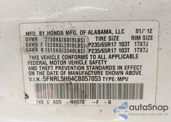 5FNRL5H64CB057053: 43457784