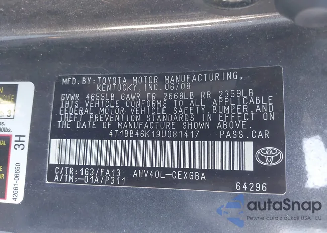 4T1BB46K19U081417: 43457165