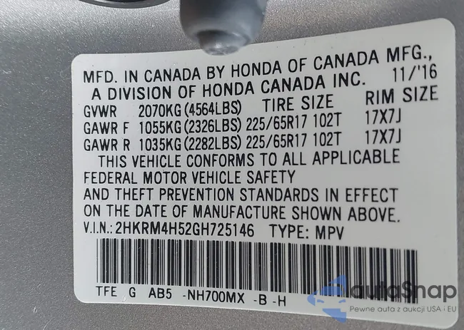 2HKRM4H52GH725146: 43457279