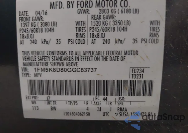 1FM5K8D80GGC83737: 43458742