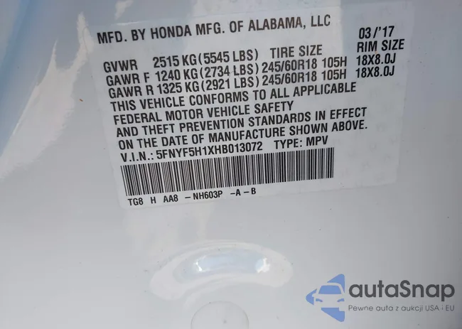 5FNYF5H1XHB013072: 43458848