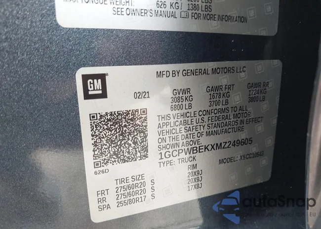 1GCPWBEKXMZ249605: 43460008