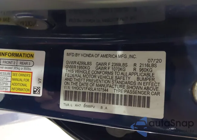 1HGCV1F45LA107544: 43460101