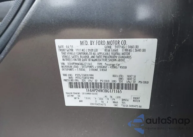 1FAHP2HW3BG171165: 43460525