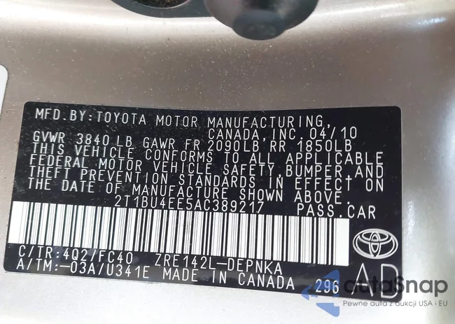 2T1BU4EE5AC389217: 43460550