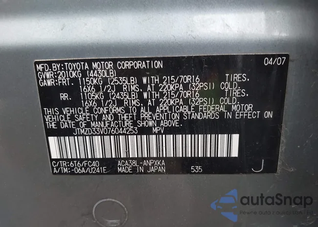 JTMZD33V076044253: 43460804