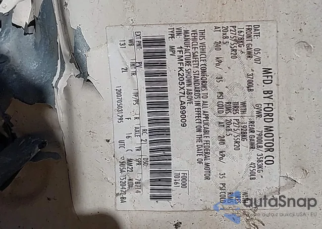 1FMFK205X7LA89009: 43460939