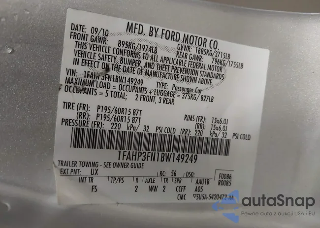 1FAHP3FN1BW149249: 43460323