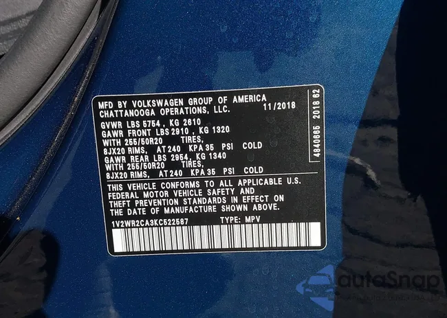 1V2WR2CA3KC522587: 43461615