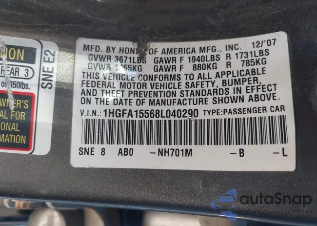 1HGFA15568L040290: 43462092