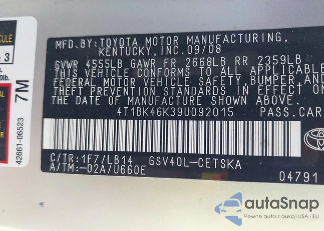 4T1BK46K39U092015: 43462408