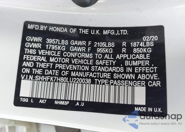 SHHFK7H80LU220038: 43463615