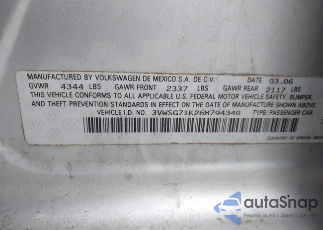 3VWSG71K26M794340: 43463319