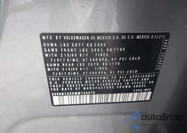 3VV0B7AX9MM146075: 43465766