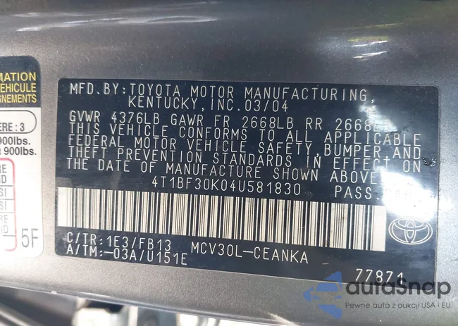 4T1BF30K04U581830: 43465891