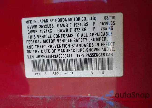 JHMGE8H43AS000441: 43465160