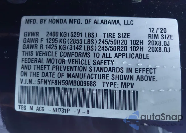 5FNYF8H59MB009688: 43466871