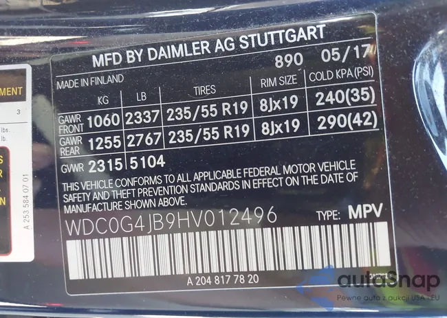 WDC0G4JB9HV012496: 43466209