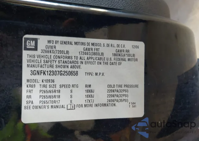 3GNFK12307G250658: 43466343