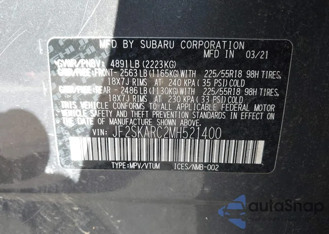 JF2SKARC2MH521400: 43467513