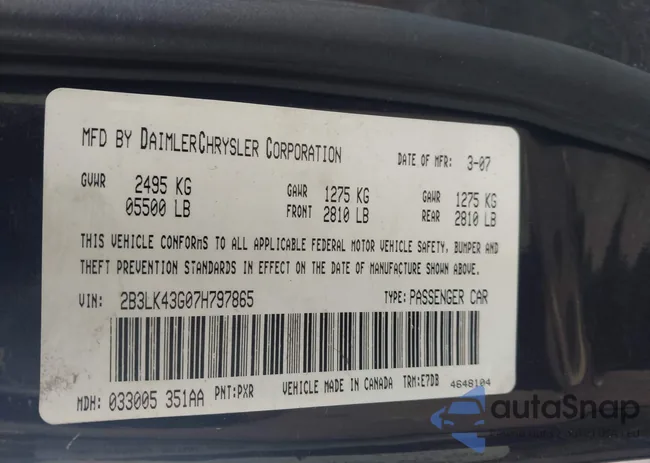 2B3LK43G07H797865: 43467700