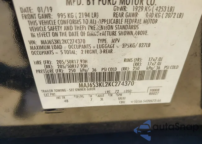 MAJ6S3KL2KC274370: 43467372