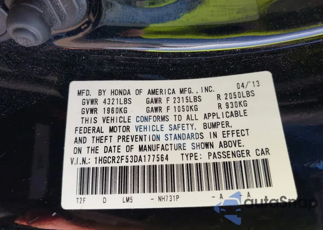 1HGCR2F53DA177564: 43469709