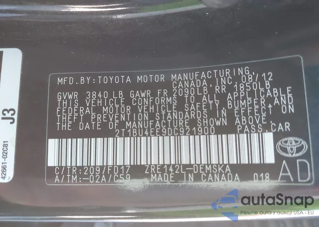 2T1BU4EE9DC921900: 43470739