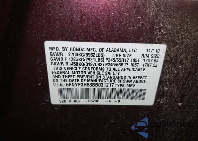 5FNYF3H53BB031217: 43470809