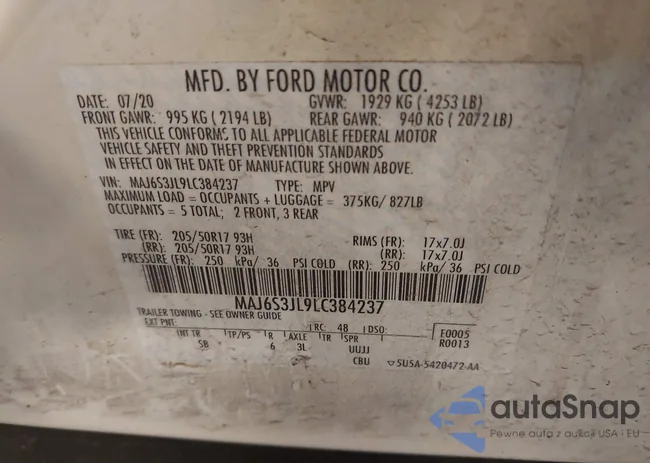 MAJ6S3JL9LC384237: 43471665