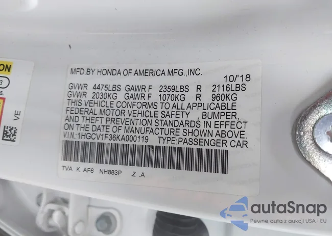 1HGCV1F36KA000119: 43473343