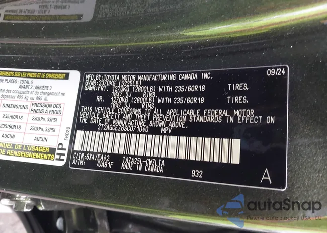 2T2AGCEZ6SC071040: 43474812