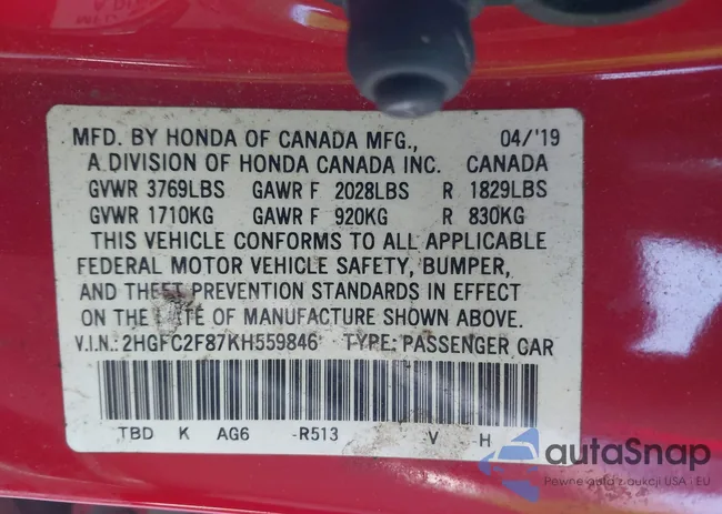 2HGFC2F87KH559846: 43475960