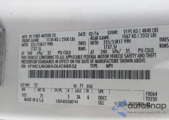 1FMCU9G9XGUC68532: 43475109