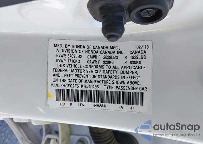 2HGFC2F61KH540496: 43475157