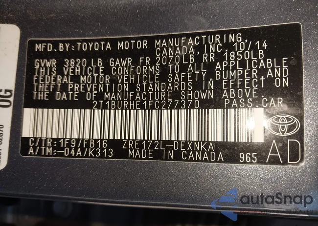 2T1BURHE1FC277370: 43478477