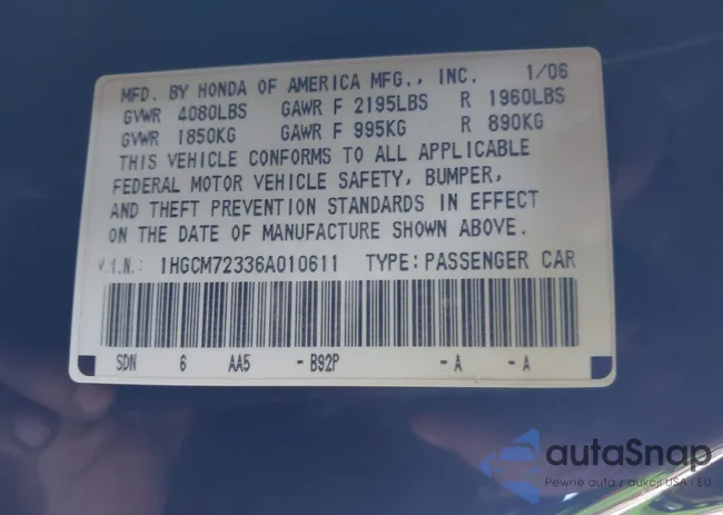 1HGCM72336A010611: 43478697