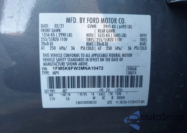 1FM5K8FW3MNA10472: 43479633