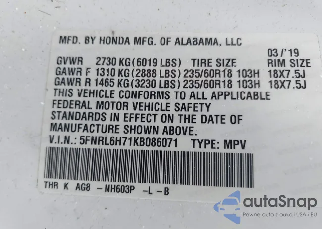 5FNRL6H71KB086071: 43479100