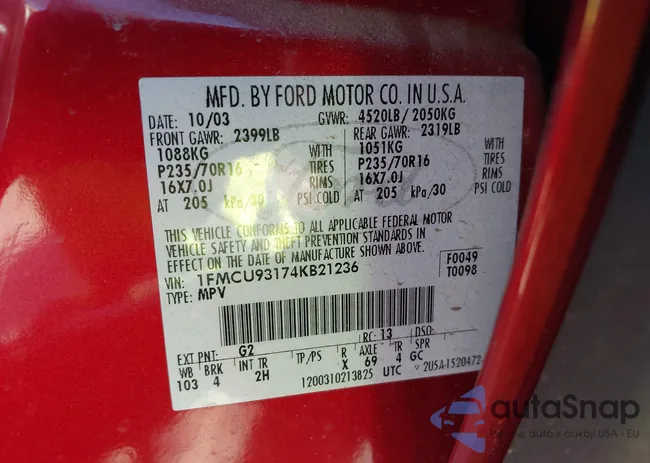 1FMCU93174KB21236: 43480546