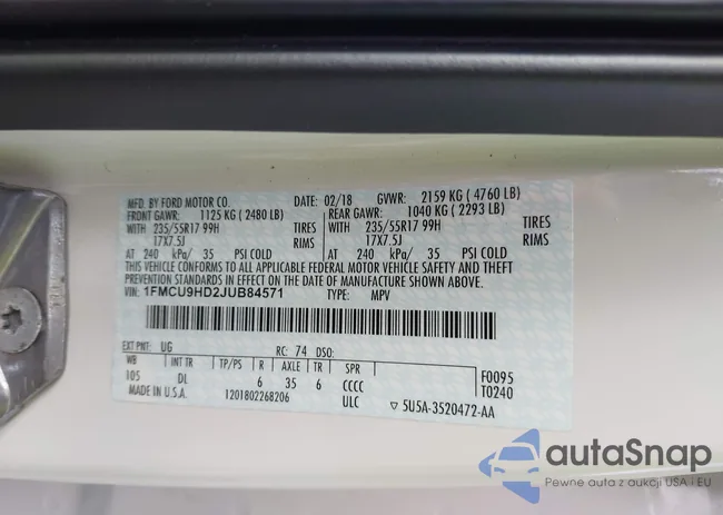 1FMCU9HD2JUB84571: 43481361