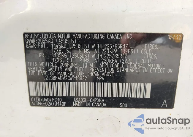 2T3BF4DV2CW218932: 43484907