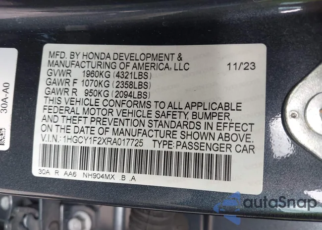 1HGCY1F2XRA017725: 43484403