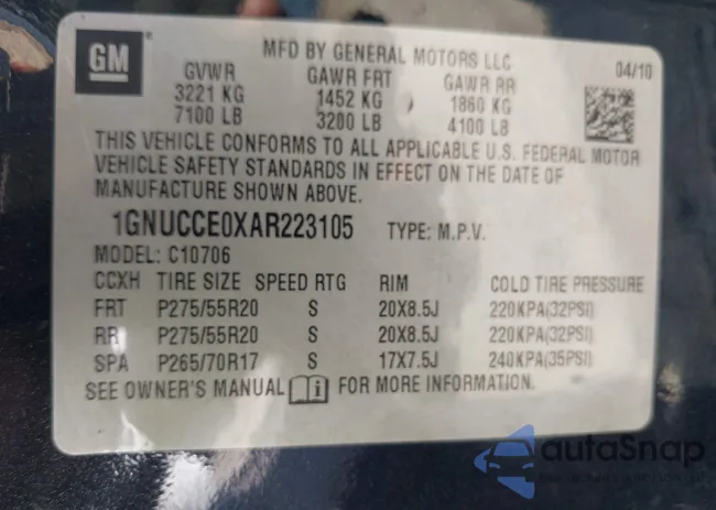 1GNUCCE0XAR223105: 43485522