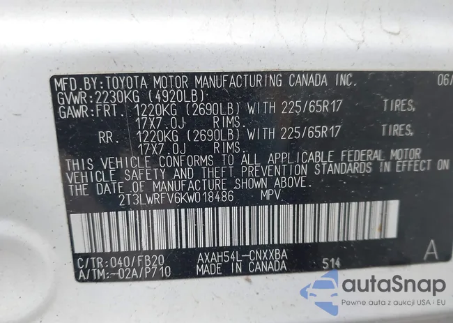 2T3LWRFV6KW018486: 43486474