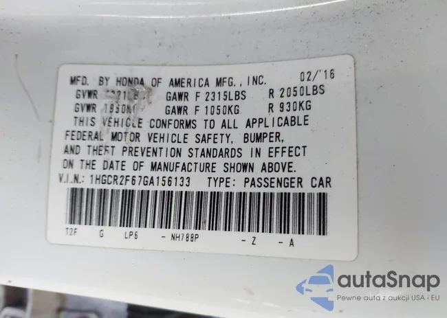 1HGCR2F67GA156133: 43486589